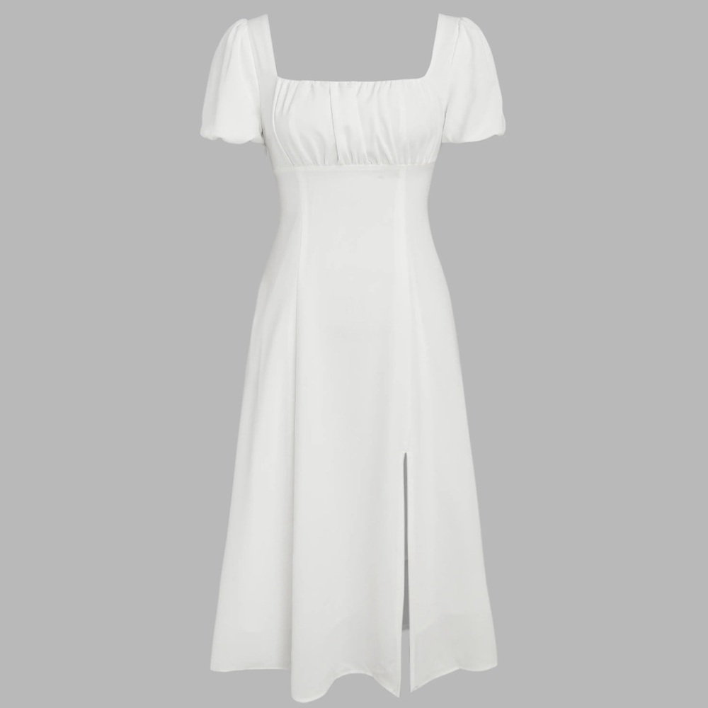 White Puff Sleeve Corset Back MIDI Dress